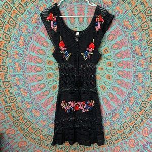 Rat & Boa Crochet Floral Embroidered Black Dress